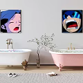 White and Pink Freestanding Bathtubs with Gold Faucet Wall Art Green Plant and Rug in Bathroom