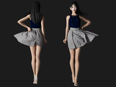 Woman In Dark Blue Top And Gray Flared Skirt With High Heels Back Front Views 3d model