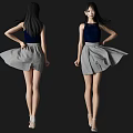 Woman In Dark Blue Top And Gray Flared Skirt With High Heels Back Front Views