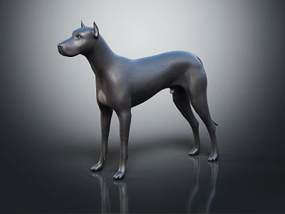 Black Doberman Dog Sculpture Standing On Glossy Black Surface With Gray Gradient Background 3d model