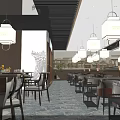 Traditional Chinese Restaurant Interior With Hanging Lanterns Calligraphy Wall And Dining Tables