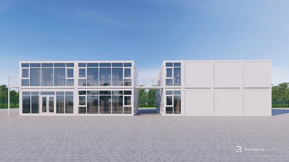Modern Container Building Design With Glass Windows And Open Courtyard 3d model 