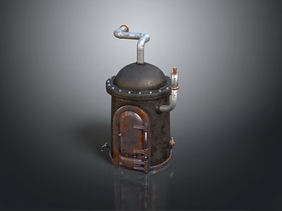 Vintage Industrial Metal Device With Rusty Surface Attached Pipes And Small Door 3d model