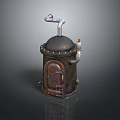 Vintage Industrial Metal Device With Rusty Surface Attached Pipes And Small Door