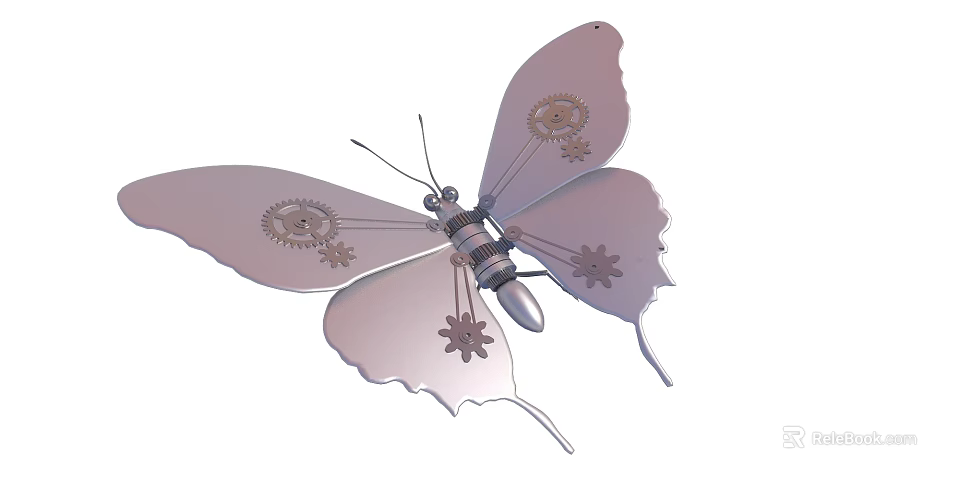 Metallic Butterfly with Mechanical Gears and Intricate Decorative Design on White Background 3d model 
