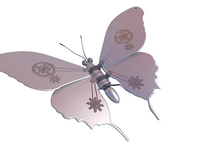 Metallic Butterfly with Mechanical Gears and Intricate Decorative Design on White Background 3d model