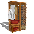 Wooden Storage Cabinet With Hanging Clothes Red Pots Woven Storage And Bottom Grains