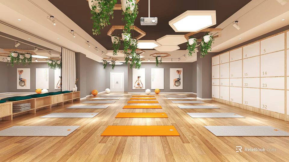 Spacious Fitness Yoga Studio With Yoga Mats Wooden Floor Wall Art Ceiling Plants And Lockers 3d model 