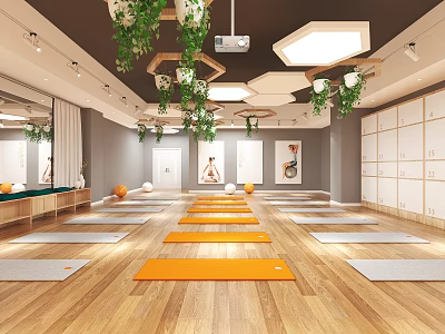 Spacious Fitness Yoga Studio With Yoga Mats Wooden Floor Wall Art Ceiling Plants And Lockers 3d model