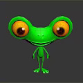 Green Frog Cartoon Character With Big Yellow Eyes On Gray Background