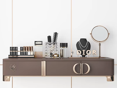 Elegant Perfume Cosmetics Display With DIOR Logo Lipsticks Necklace And Mirror On Brown Cabinet 3d model