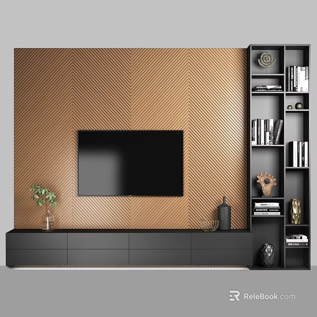 Modern TV Console with Brown Herringbone Wall Flat Screen TV and Decorative Shelving Unit 3d model 
