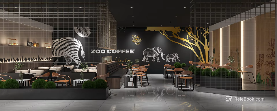 ZOO Coffee Shop Interior With Animal Wall Art Golden Tree Decor And Seating Area 3d model 