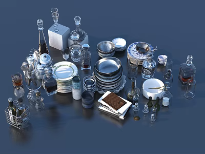 Stylish Complete Dinnerware Set With Plates Bowls Cups Glassware And Trays 3d model