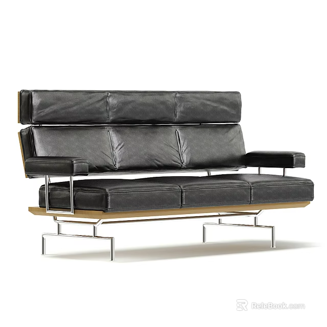 Modern Black Leather Three Seater Sofa With Metal Frame And Wooden Base 3d model 