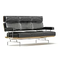 Modern Black Leather Three Seater Sofa With Metal Frame And Wooden Base