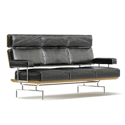 Modern Black Leather Three Seater Sofa With Metal Frame And Wooden Base 3d model