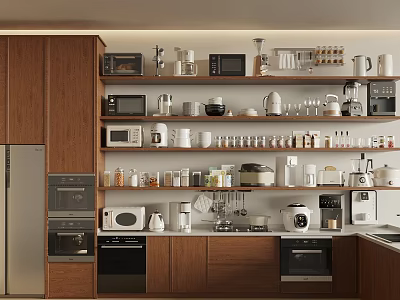 Organized Modern Kitchen Interior With Wooden Cabinets And Various Appliances On Shelves 3d model
