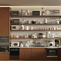 Organized Modern Kitchen Interior With Wooden Cabinets And Various Appliances On Shelves