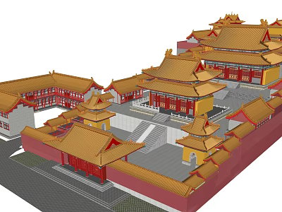 Traditional Chinese Ancient Architecture Featuring Yellow Glazed Tile Roofs Red Pillars And Courtyards 3d model