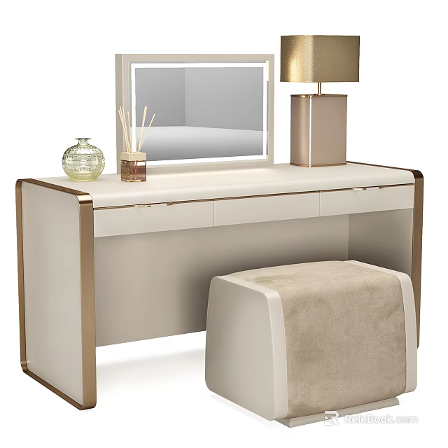 Modern Elegant Dressing Table Design With Mirror Table Lamp Decorative Items And Ottoman Stool 3d model 