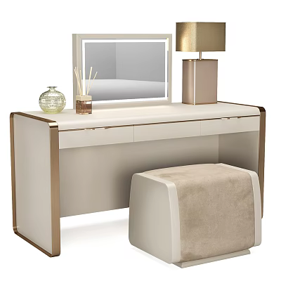 Modern Elegant Dressing Table Design With Mirror Table Lamp Decorative Items And Ottoman Stool 3d model