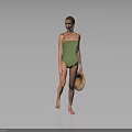 Woman Wearing Green One Piece Swimsuit Holding Straw Hat Against Gray Background