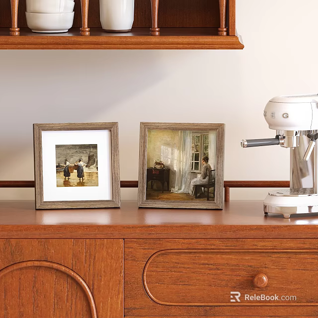 Decorative Vintage Wooden Picture Frames On Wooden Cabinet With White Machine 3d model 