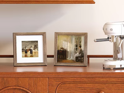 Decorative Vintage Wooden Picture Frames On Wooden Cabinet With White Machine 3d model