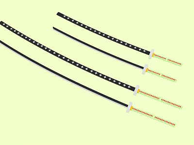 Three Traditional Japanese Katana Weapons With Curved Black Blades Black Sheaths And Yellow Red Handles 3d model