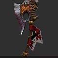 Ornate Battle Axe With Flame Patterns Spiked Edges Red Ribbons Sharp Blade And Golden Handle