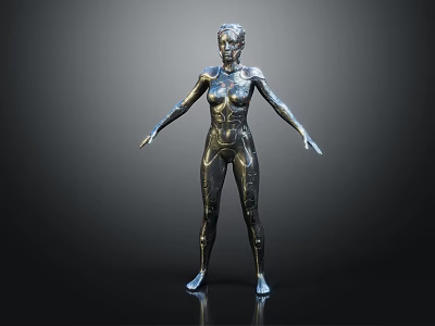 Futuristic Metallic Humanoid Character Standing With Open Arms On Dark Surface 3d model