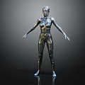 Futuristic Metallic Humanoid Character Standing With Open Arms On Dark Surface