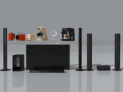Modern Assortment Of Household Appliances With TV Speakers Coffee Maker And Toaster 3d model