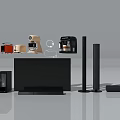 Modern Assortment Of Household Appliances With TV Speakers Coffee Maker And Toaster