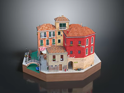 European Building Model with Red Roofs Colorful Walls Arched Windows and Small Balconies 3d model