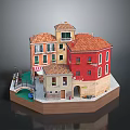 European Building Model with Red Roofs Colorful Walls Arched Windows and Small Balconies