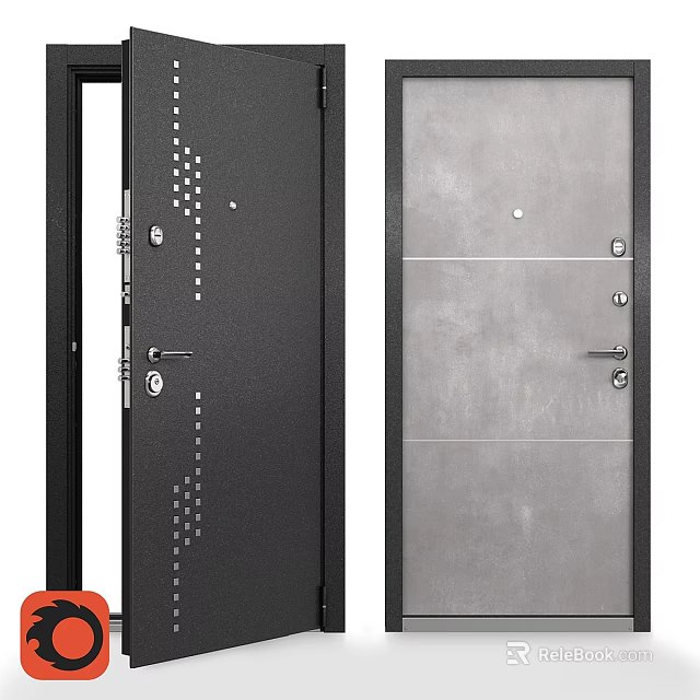 Modern Industrial Swing Door With Black Perforated Design Gray Panel Handle And Lock 3d model 