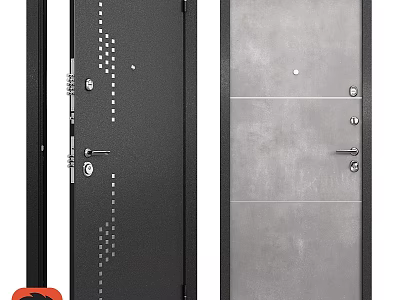 Modern Industrial Swing Door With Black Perforated Design Gray Panel Handle And Lock 3d model