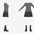 Long Sleeve Gray Knit Top With Polka Dot Skirt And Black Boots Outfit