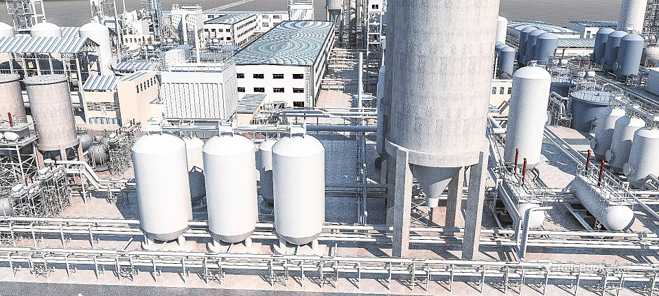 Industrial Plant With White Storage Tanks Large Silos Pipes and Surrounding Buildings 3d model 