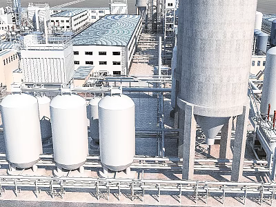 Industrial Plant With White Storage Tanks Large Silos Pipes and Surrounding Buildings 3d model