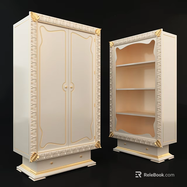 Ornate Classical Wardrobe With Double Doors Open Shelves And Detailed Golden Carvings 3d model 