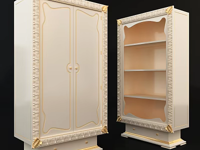 Ornate Classical Wardrobe With Double Doors Open Shelves And Detailed Golden Carvings 3d model