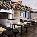Modern Restaurant Interior With Wooden Long Tables Black Stools And Grid Ceiling