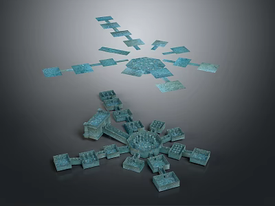 Landscape Featuring Blue Star Shaped Geometric Structures And Gray Castle Like Buildings 3d model