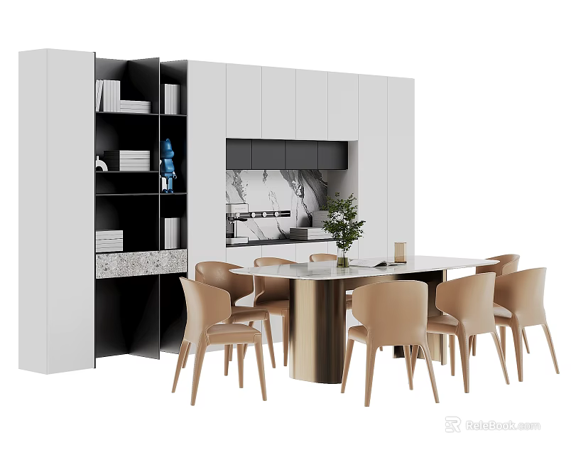 Modern Kitchen Interior With Rectangular Dining Table Set Beige Chairs And Cabinets 3d model