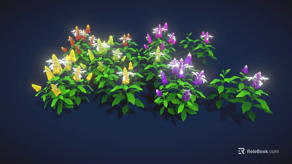 Lush Flowering Plants With Colorful Blooms And Green Leaves Against Dark Background 3d model 