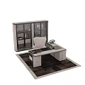 Modern Office Desk Setup With Upholstered Chair And Glass Door Bookshelf
