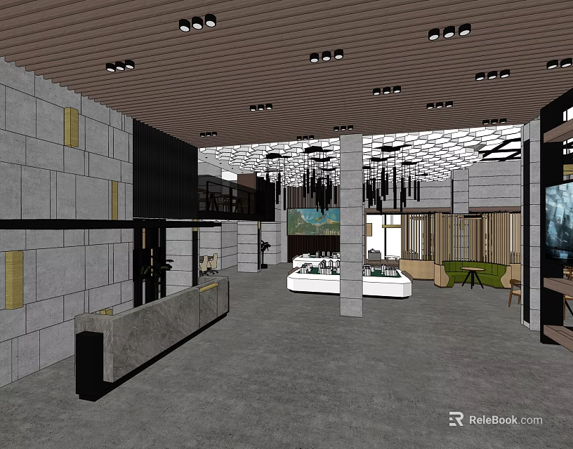 Modern Sales Office Interior Design With Reception Counter Hanging Pendant Lights Showcase Area And Spacious Layout 3d model 